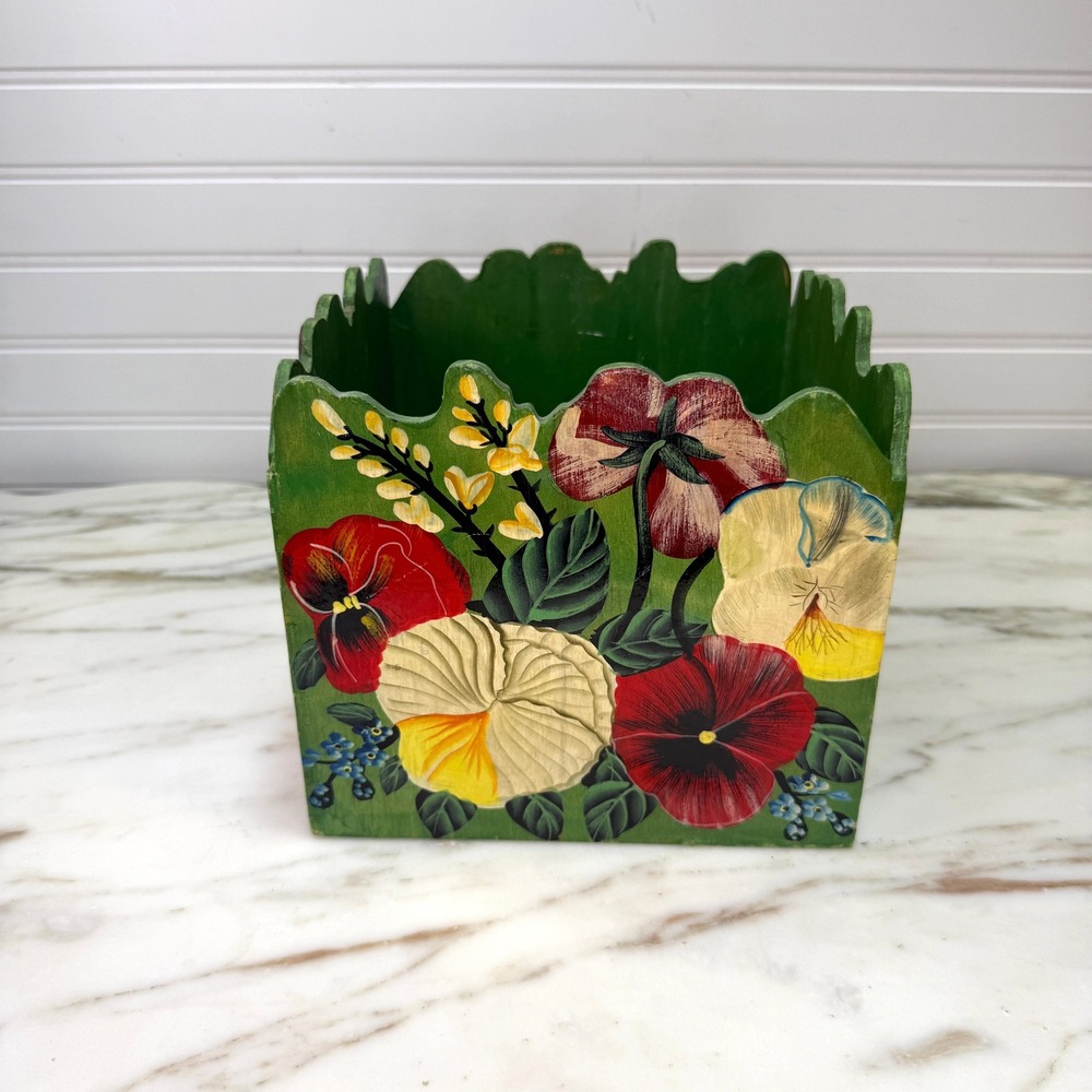 Vintage Hand Painted Wooden Pansy Planter Box Green Scalloped Folk Art Decor